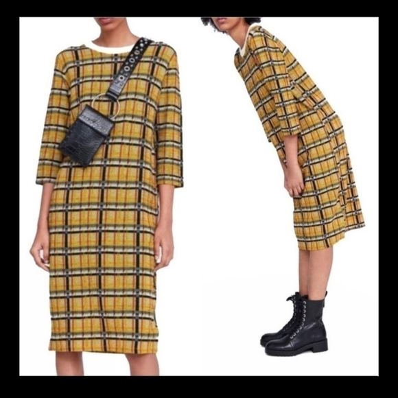Zara Midi Dress Small Yellow Plaid Harvest 3/4 Sleeves Bloggers Favorite Boho - Picture 11 of 11